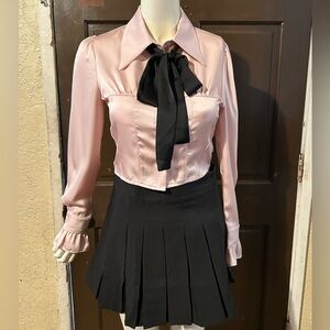 Pink Blouse with Black Bow and Skirt